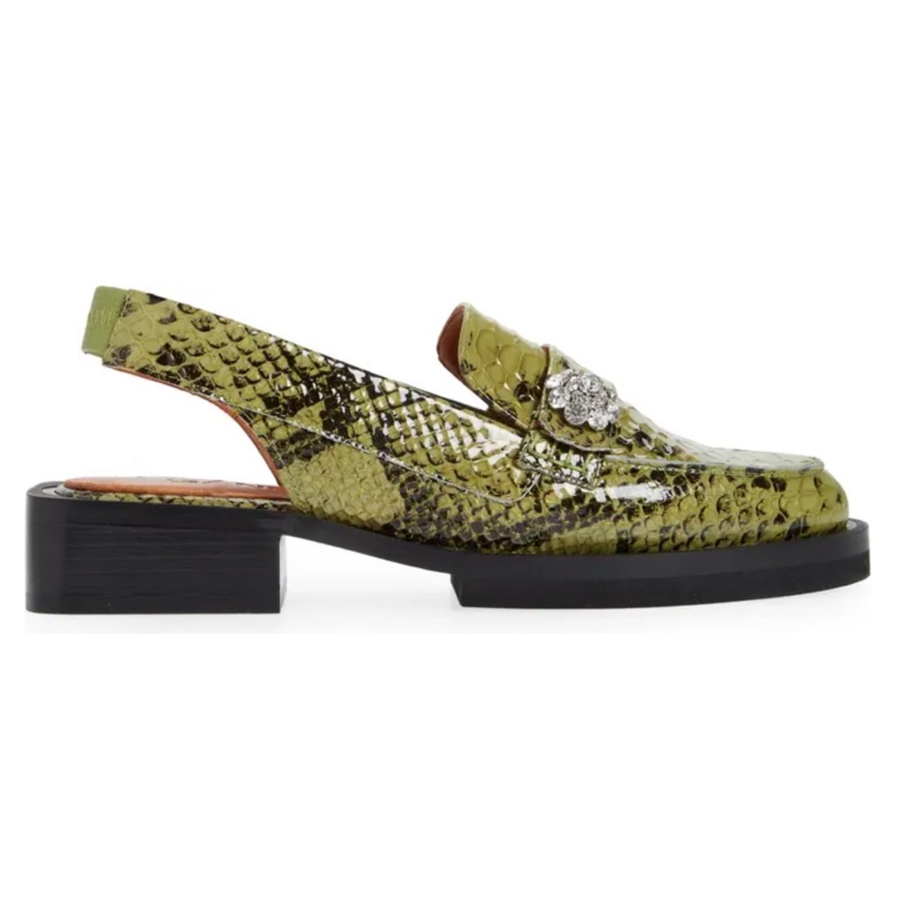 GANNI Womens Embossed Slingback Snake Loafer in Olive Drab